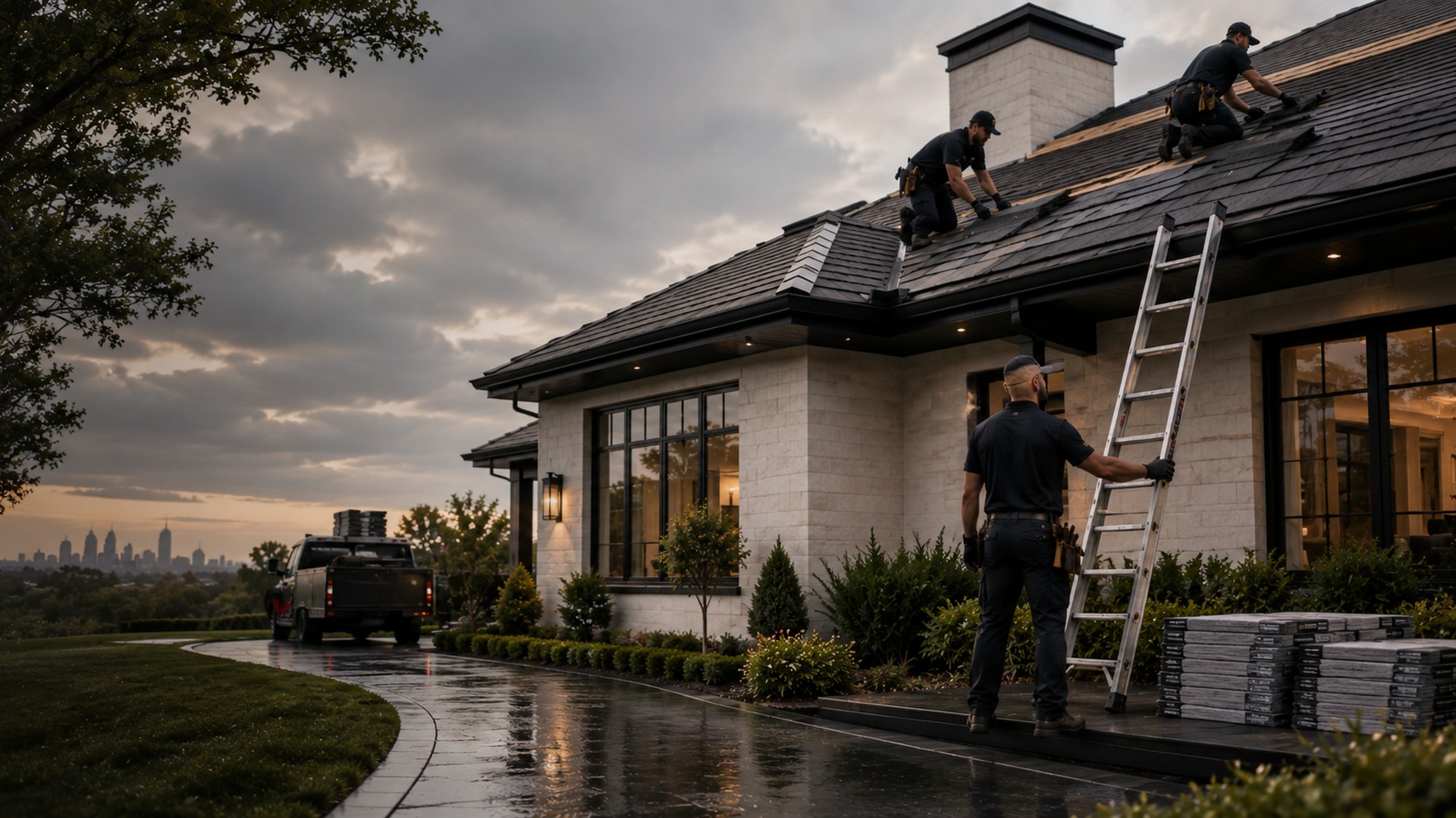 Roofing professionals working on a residential roof